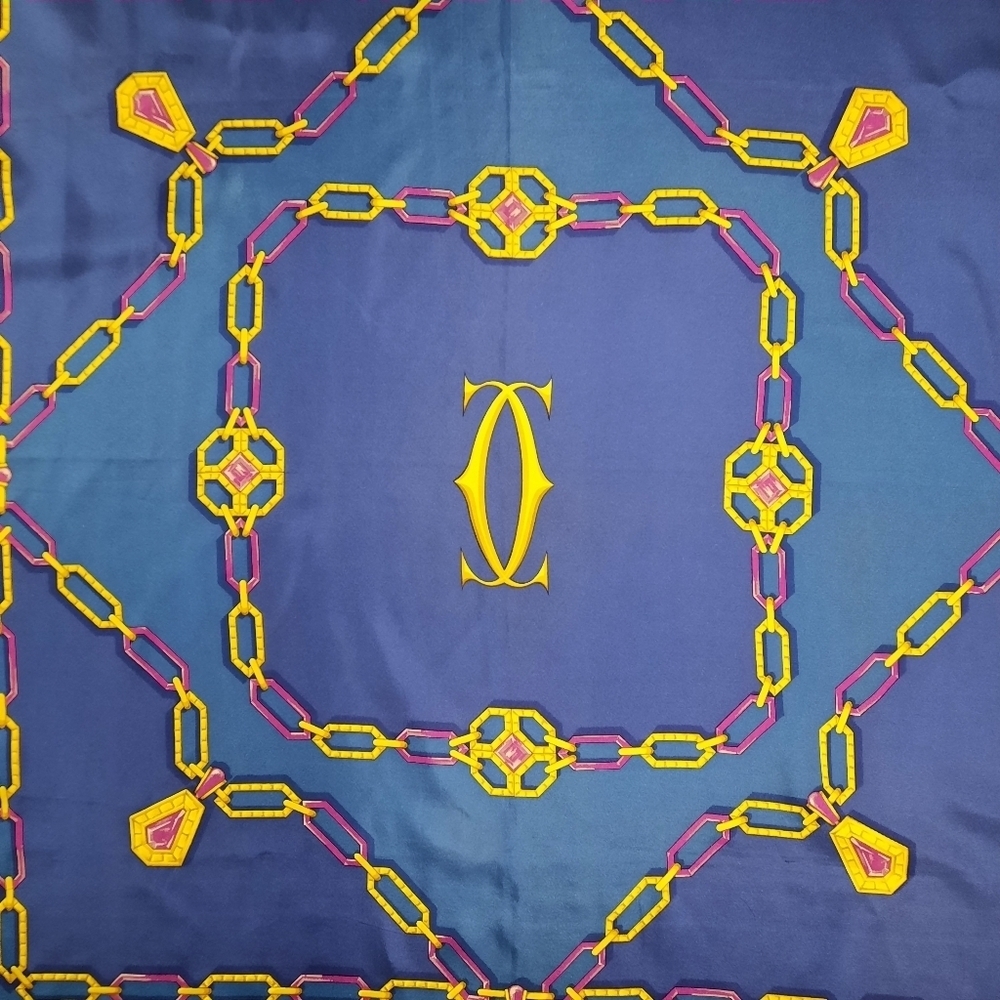 Pristine CARTIER Silk Twill Scarf 90cm Blue Square 35" + Horsebit Scarf Ring - Picture 12 of 13